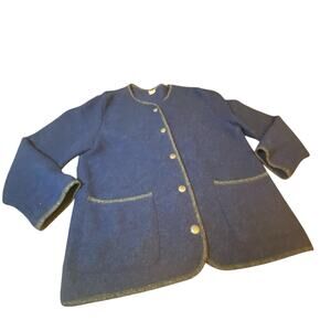 VINTAGE LL Bean Womens XL Navy Wool Cardigan Coat Cottagecore Concha Buttons